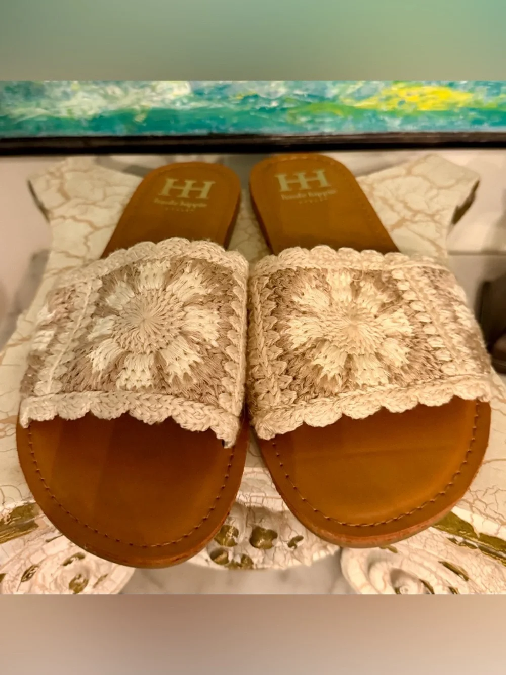 Haute Hippie Cream Crochet Slide Sandals with Tan Footbed
